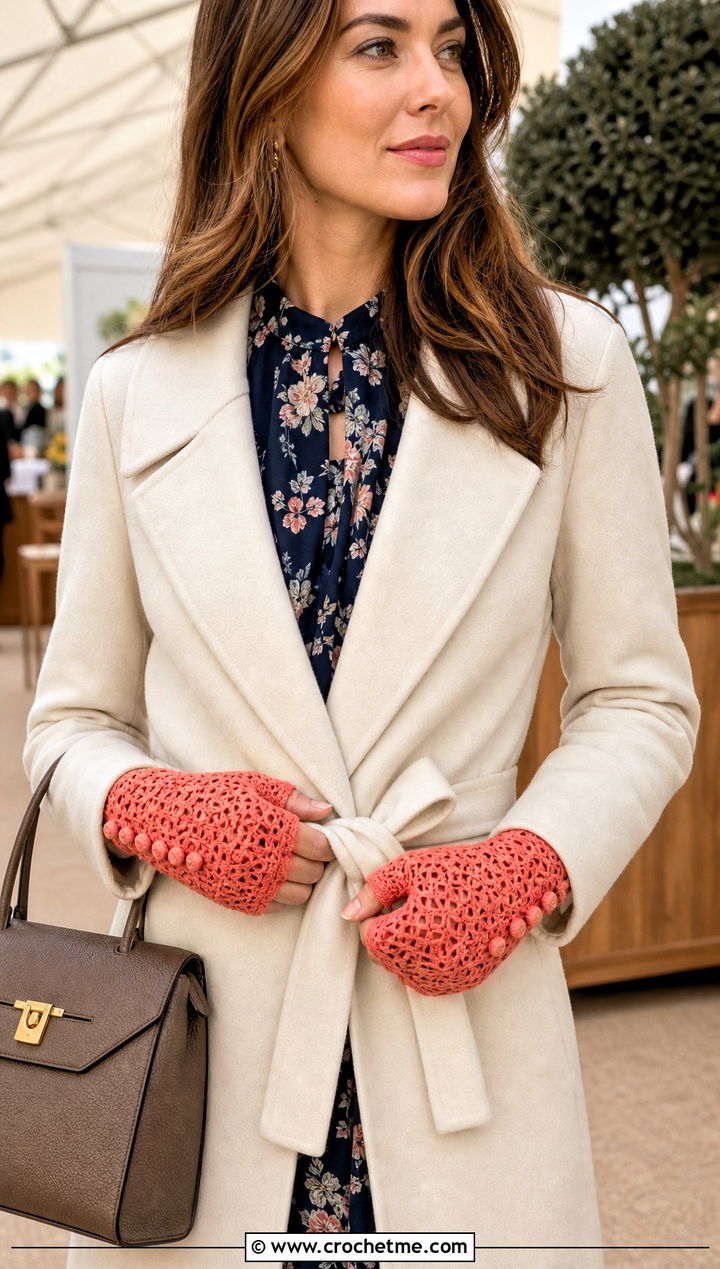 Lace Button Crocheted Mittens With Midi Dress - 30 Crocheted Mittens outfit ideas