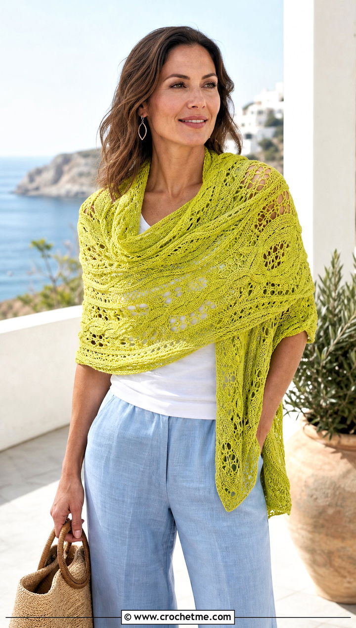 Lace Cable Shawl With Linen Pants - 15 Crochet Cable Shawl outfit ideas