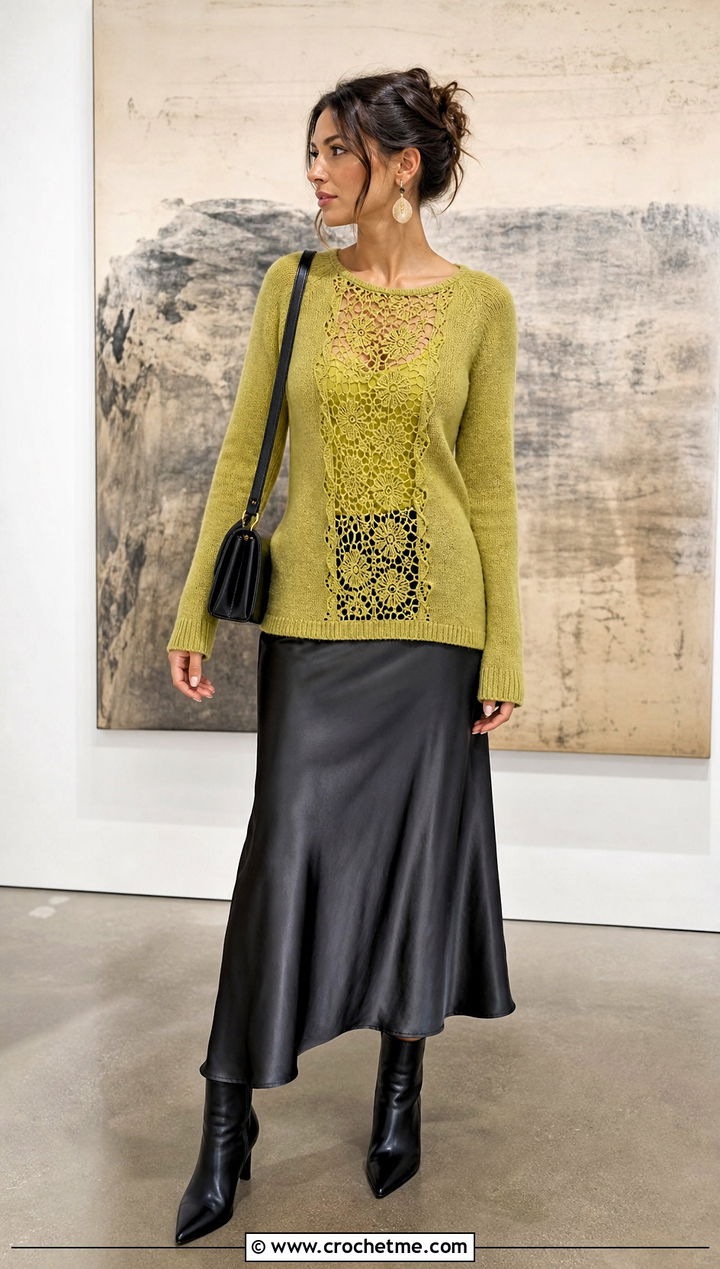 Lace Center Panel Sweater With Satin Midi Skirt - 30 crochet panel sweater outfit ideas