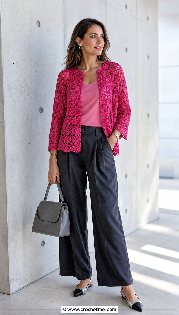 Lace Circle Cardigan With Tailored Trousers - 30 crochet circle cardigan outfit ideas