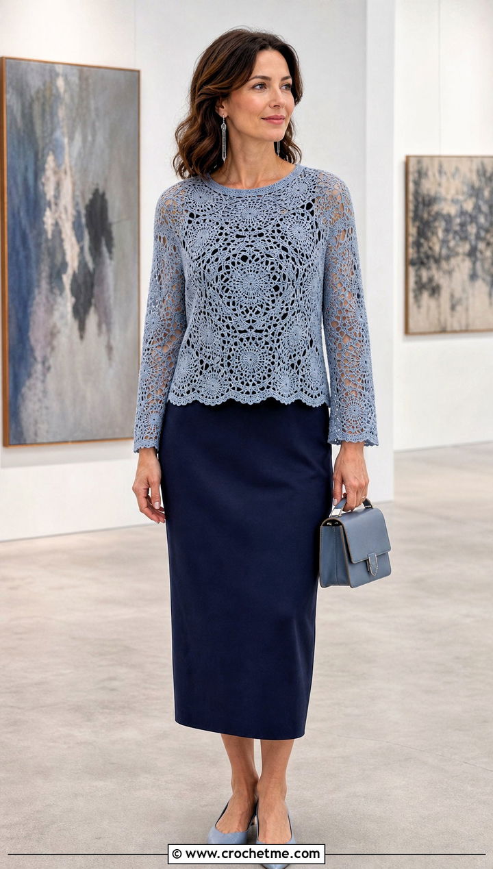 Lace Circle Crochet Sweater Over A Column Dress - 25 Circle Crochet Sweater outfit ideas