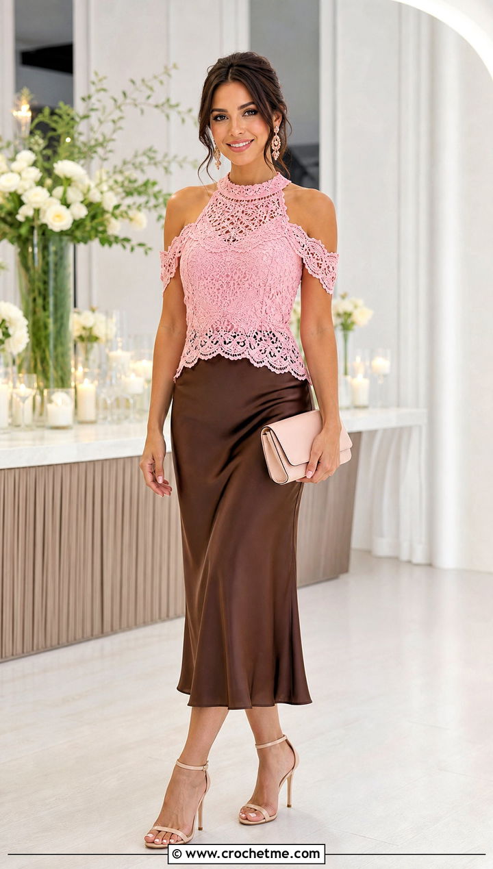 Lace Cold Shoulder Crochet Top With Satin Midi Skirt - 25 Cold Shoulder Crochet Top outfit ideas