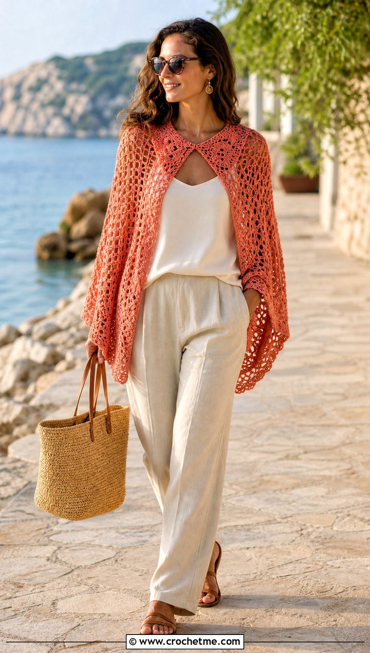 Lace Collar Crochet Poncho With Linen Trousers - 25 Crochet Poncho With Collar outfit ideas