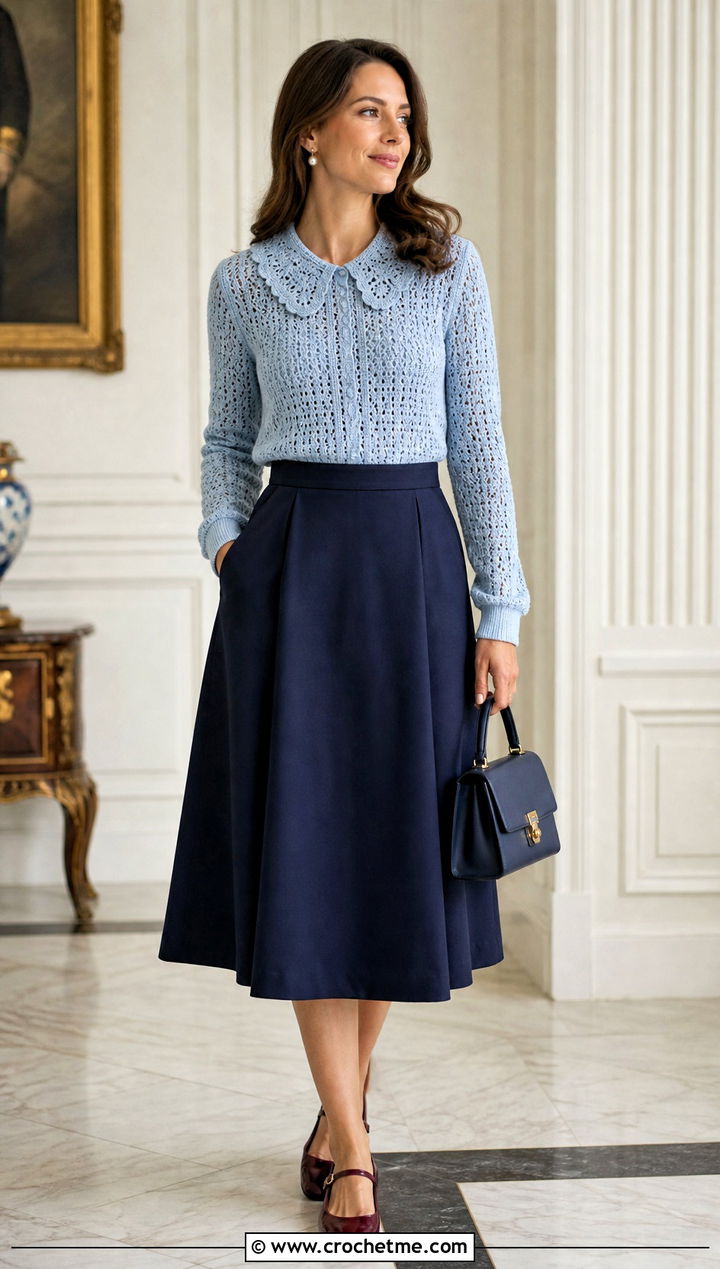 Lace Collar Crochet Sweater With A Line Midi Skirt - 20 Crochet Collared Sweater outfit ideas