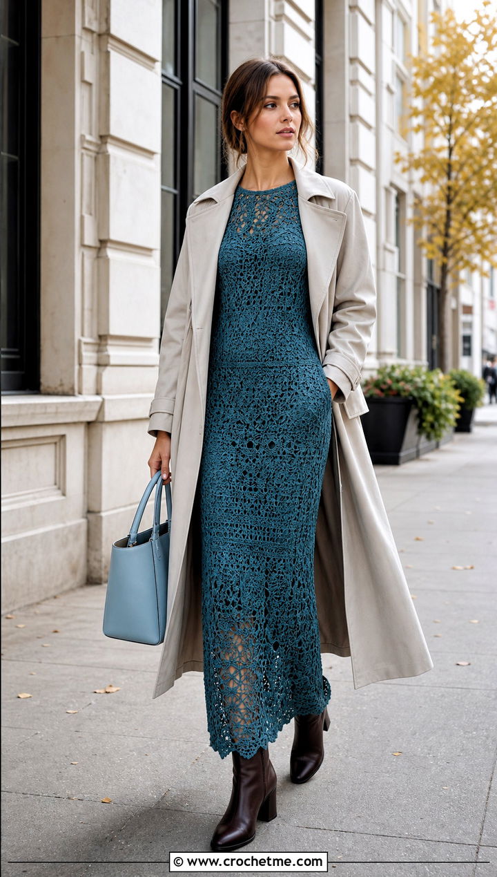 Lace Column Crochet Gown Dress With Trench Coat - 25 Crochet Gown Dress outfit ideas