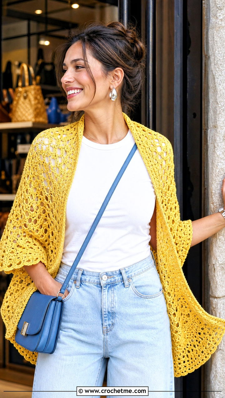 Lace Crescent Crochet Shawl With Wide Leg Jeans - 25 Crescent Crochet Shawl outfit ideas