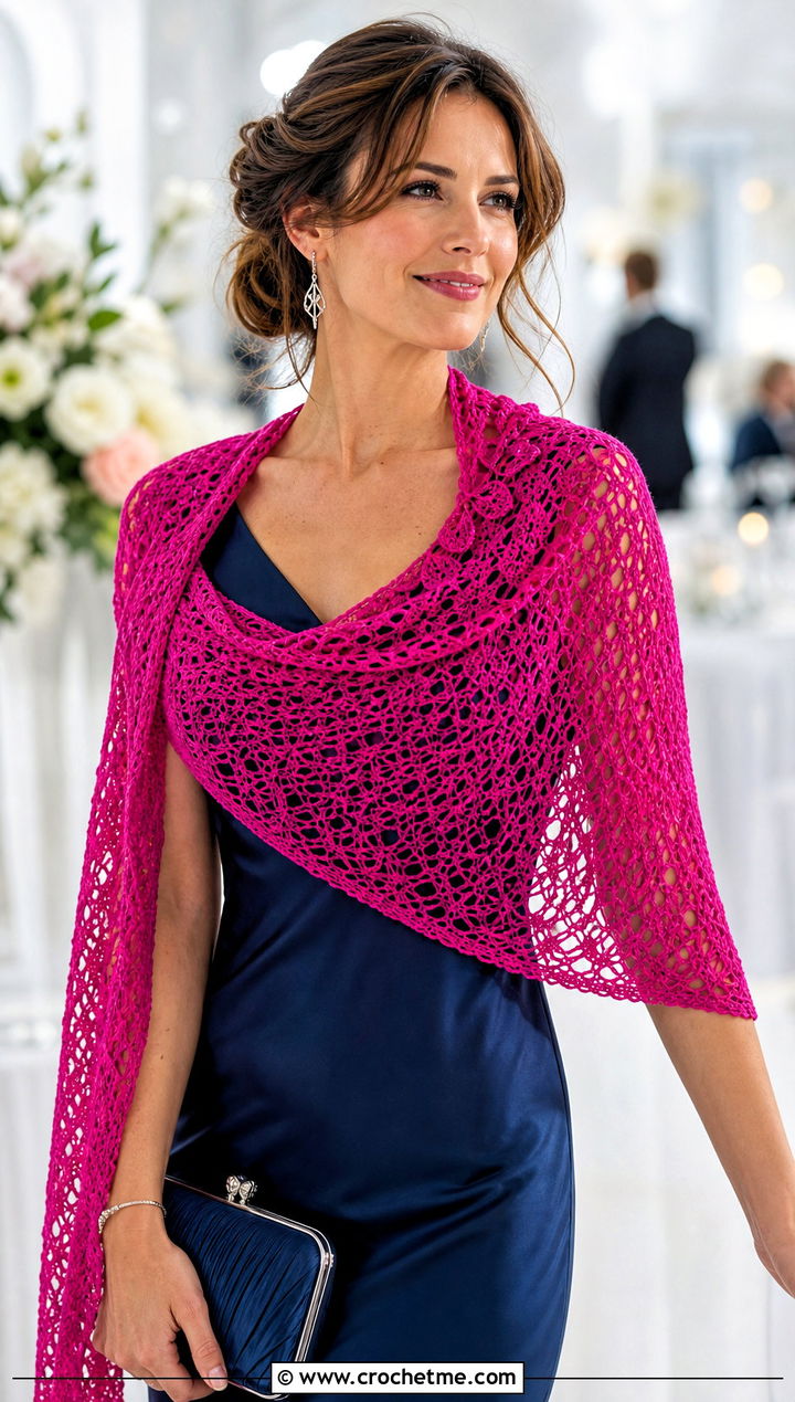 Lace Crescent Shawl With Satin Slip Dress - 25 beautiful crochet shawls and wraps outfit ideas