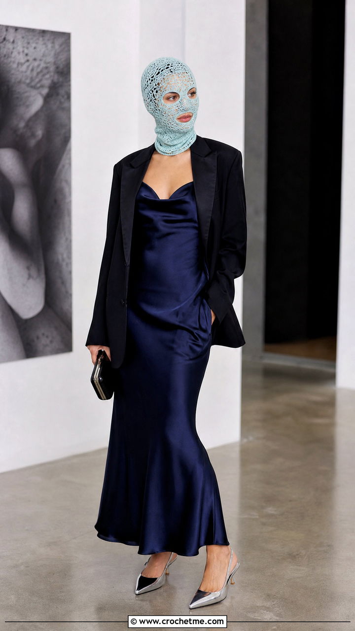 Lace Crochet Balaclava With Satin Slip Dress And Blazer - 35 crochet balaclava outfit ideas