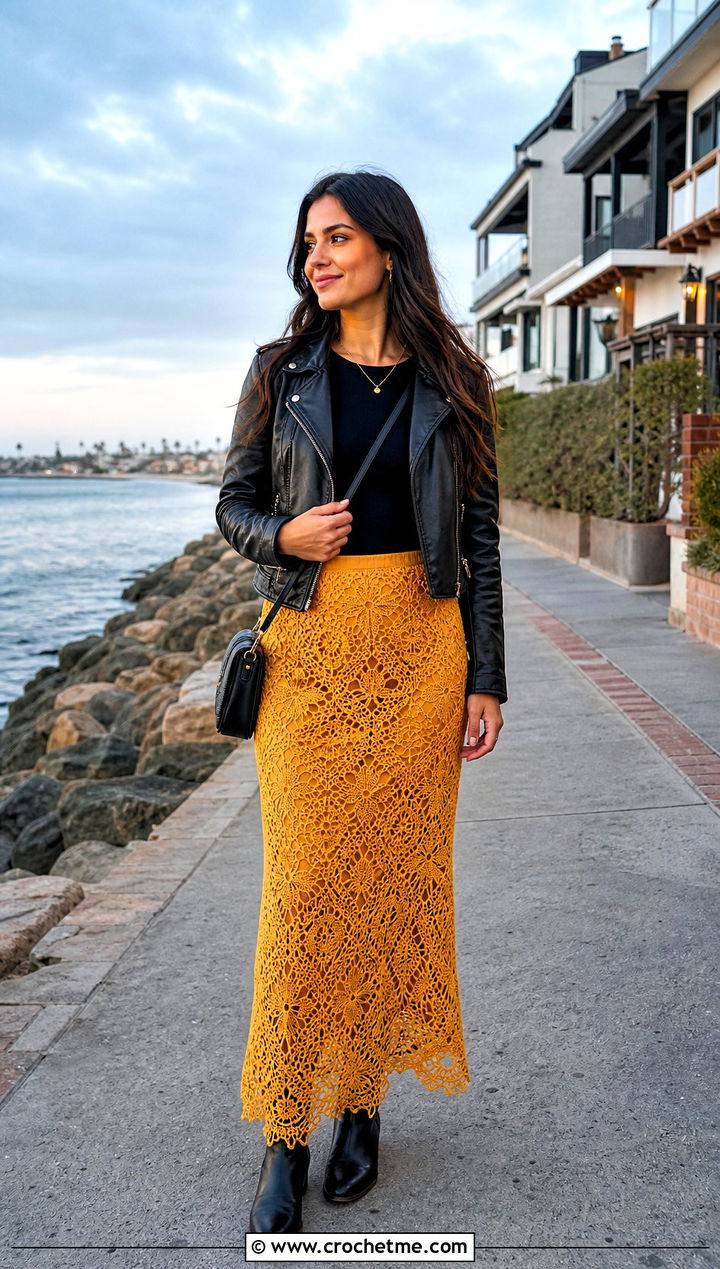 Lace Crochet Beach Maxi Skirt With Leather Jacket - 25 crochet beach maxi skirt outfit ideas