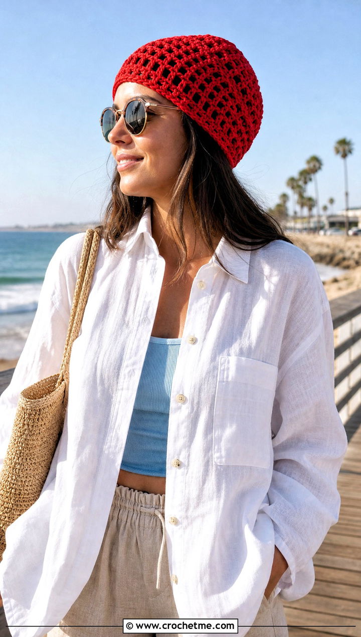Lace Crochet Beanie With Beach Outfit - 15 Easy Crochet Projects Beanie outfit ideas
