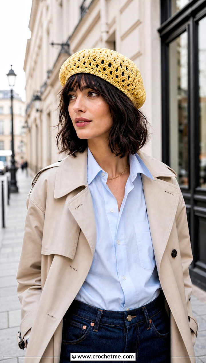 Lace Crochet Beret With Trench Coat And Straight Jeans - 20 flat crochet hat outfit ideas