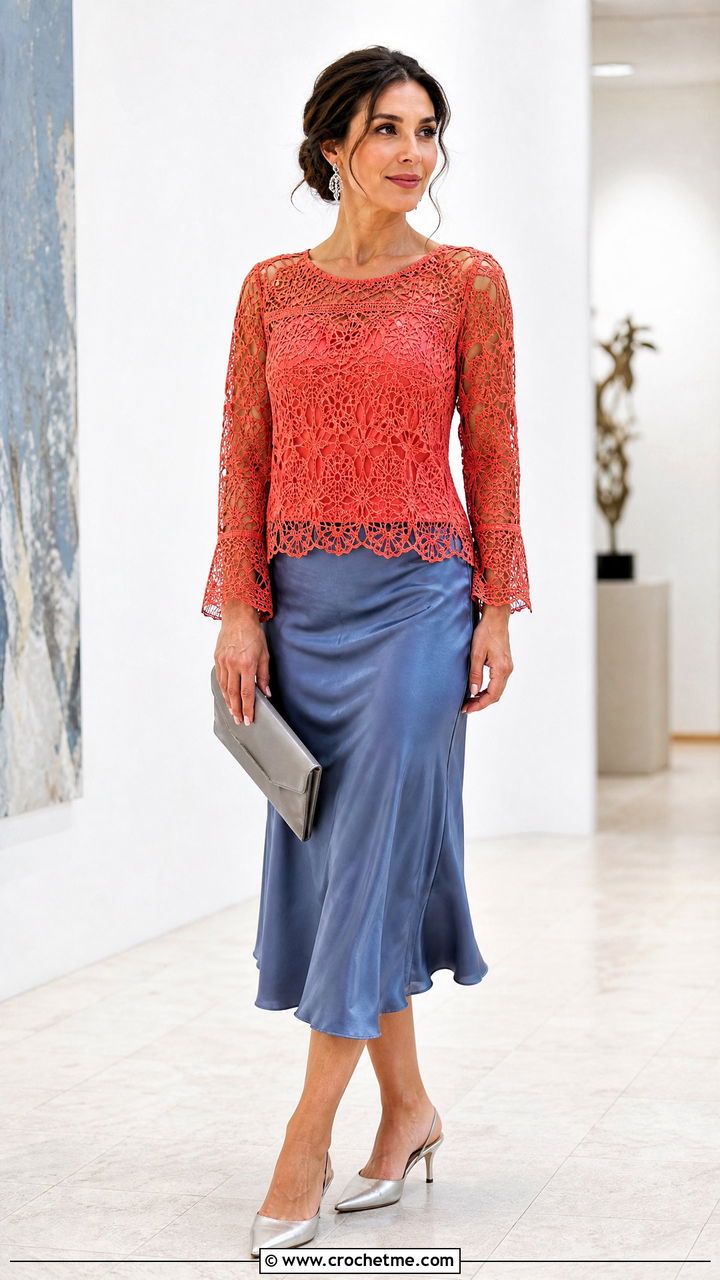 Lace Crochet Blouse With A Slip Skirt - 35 crochet knit top outfit ideas