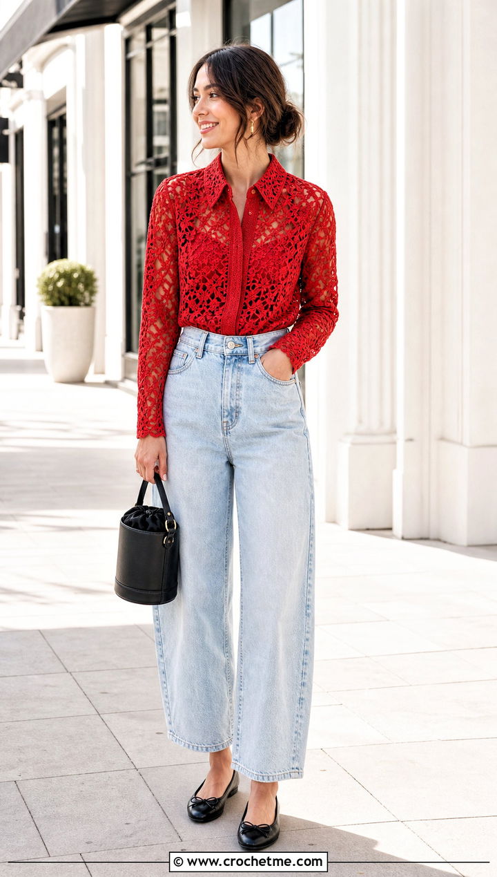 Lace Crochet Blouse With Barrel Leg Jeans - 35 cute crochet clothes ideas