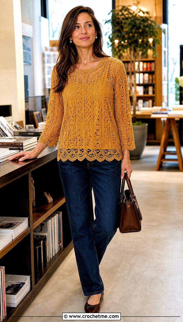 Lace Crochet Blouse With Dark Wash Jeans - 25 freestyle crochet top outfit ideas