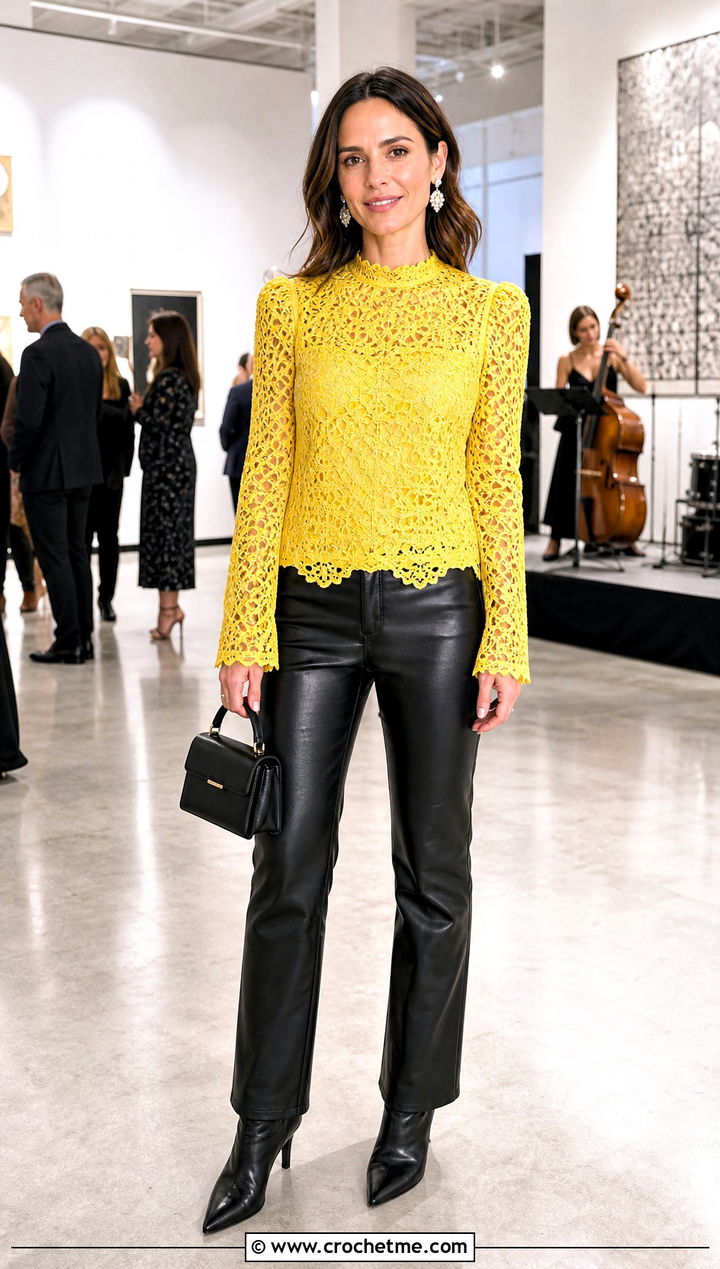 Lace Crochet Blouse With Leather Pants - 35 sabrina carpenter crochet top outfit ideas