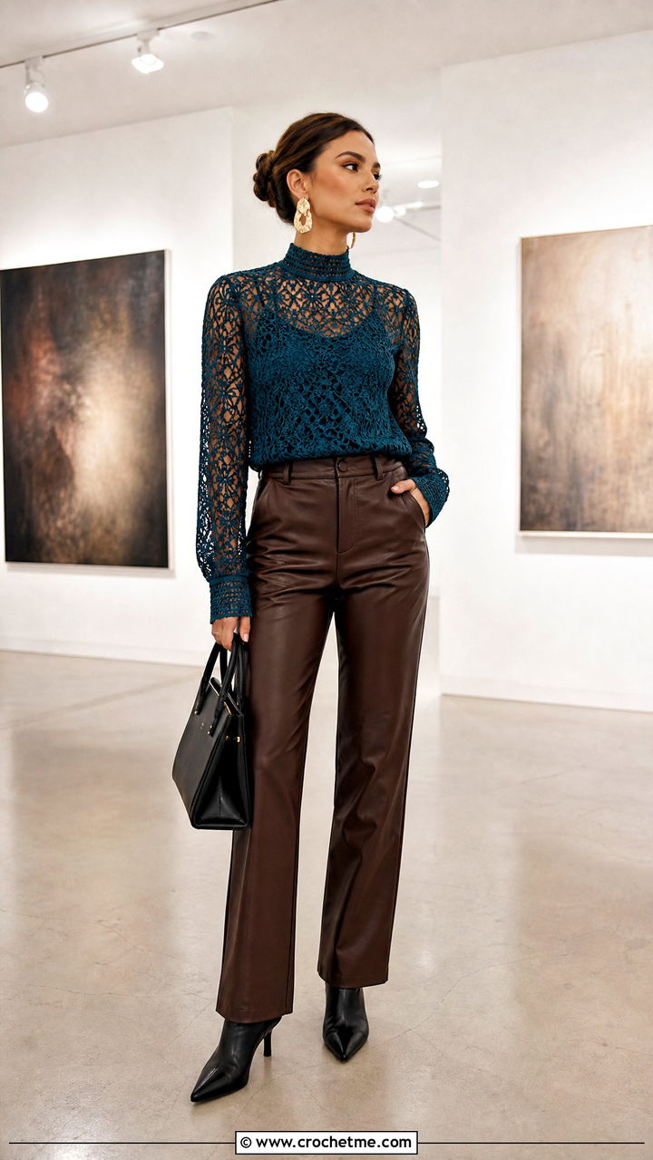 Lace Crochet Blouse With Leather Pants - 35 crochet top ideas