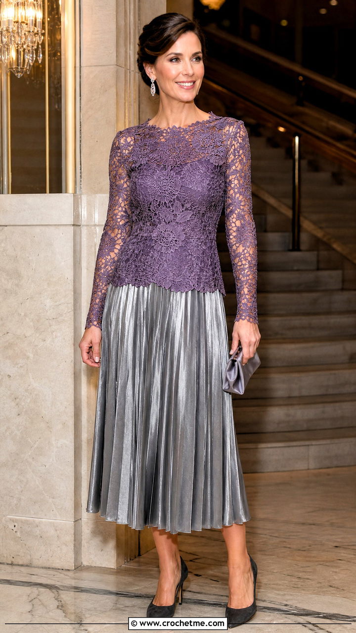Lace Crochet Blouse With Metallic Midi Skirt - 35 crocheted tops outfit ideas