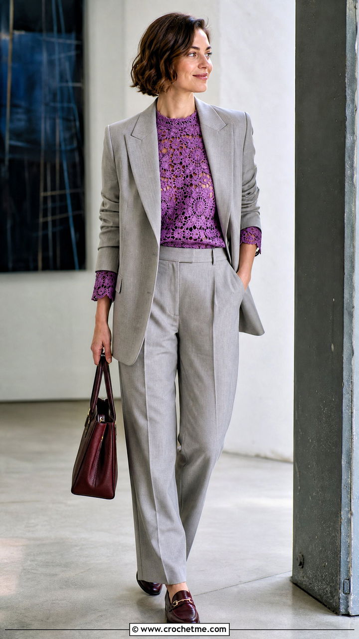 Lace Crochet Blouse With Relaxed Suit - 35 aesthetic crochet top outfit ideas