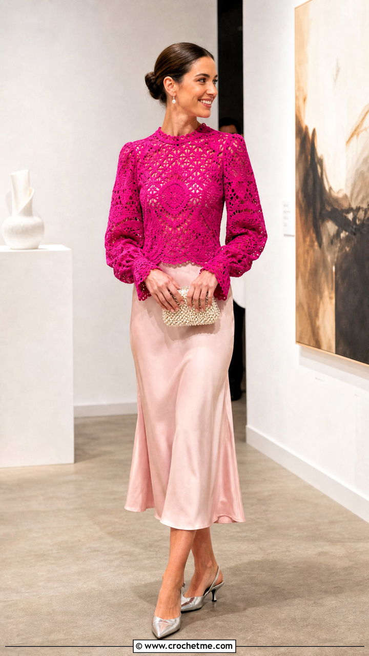 Lace Crochet Blouse With Satin Midi Skirt - 35 crochet shirts outfit ideas