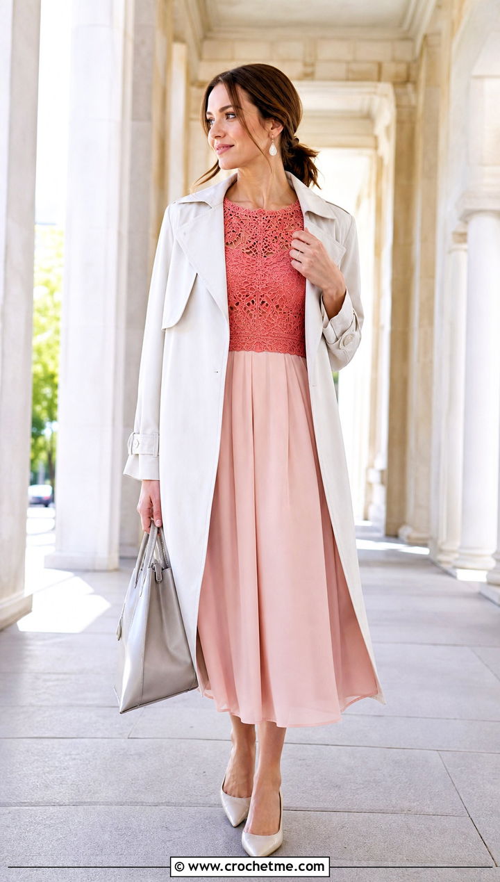 Lace Crochet Bodice Dress With Trench Coat - 25 crochet bodice dress outfit ideas