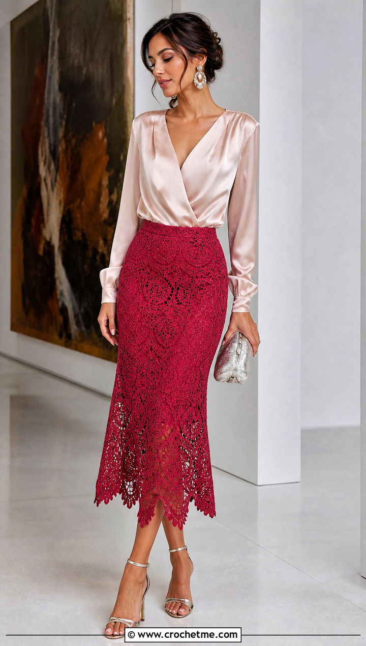 Lace Crochet Boho Midi Skirt With Satin Blouse - 25 crochet boho skirt outfit ideas