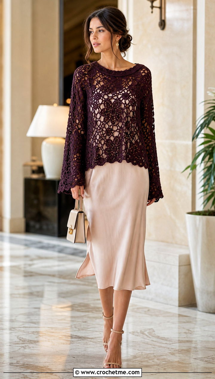 Lace Crochet Boho Sweater With Slip Dress - 30 crochet boho sweater outfit ideas