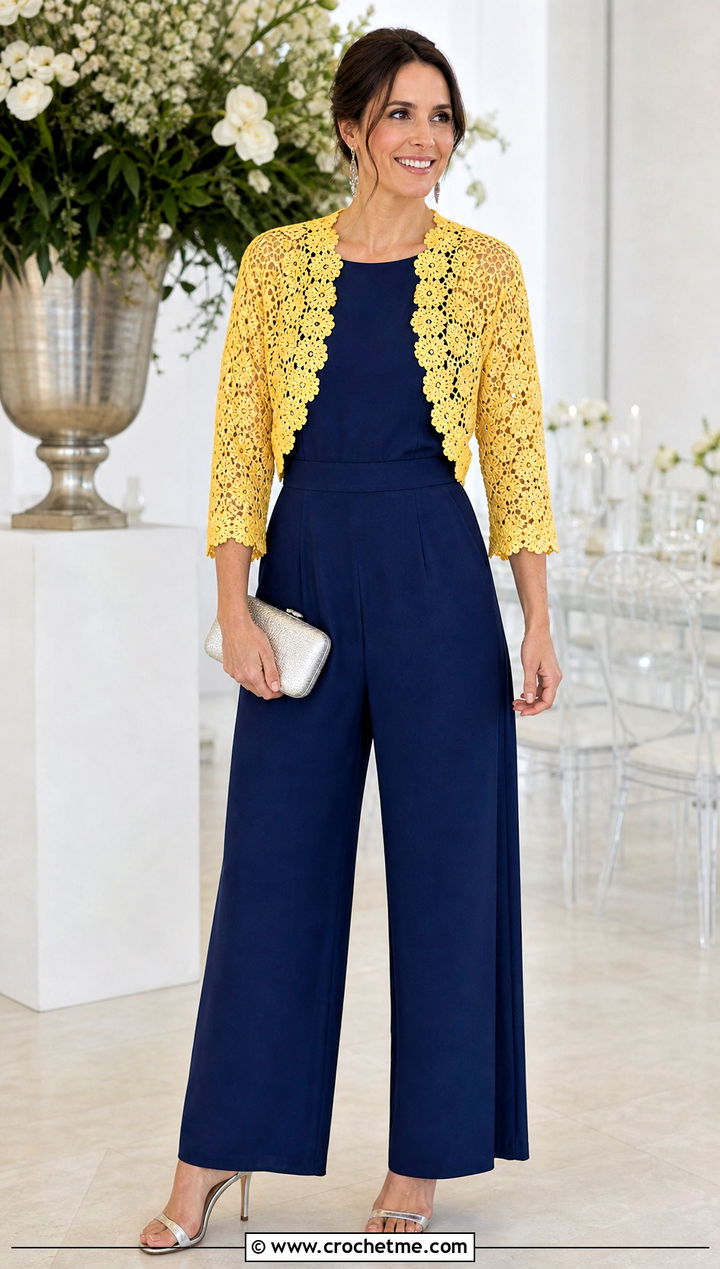 Lace Crochet Bolero Shrug With Jumpsuit - 30 crochet sweater shrug outfit ideas