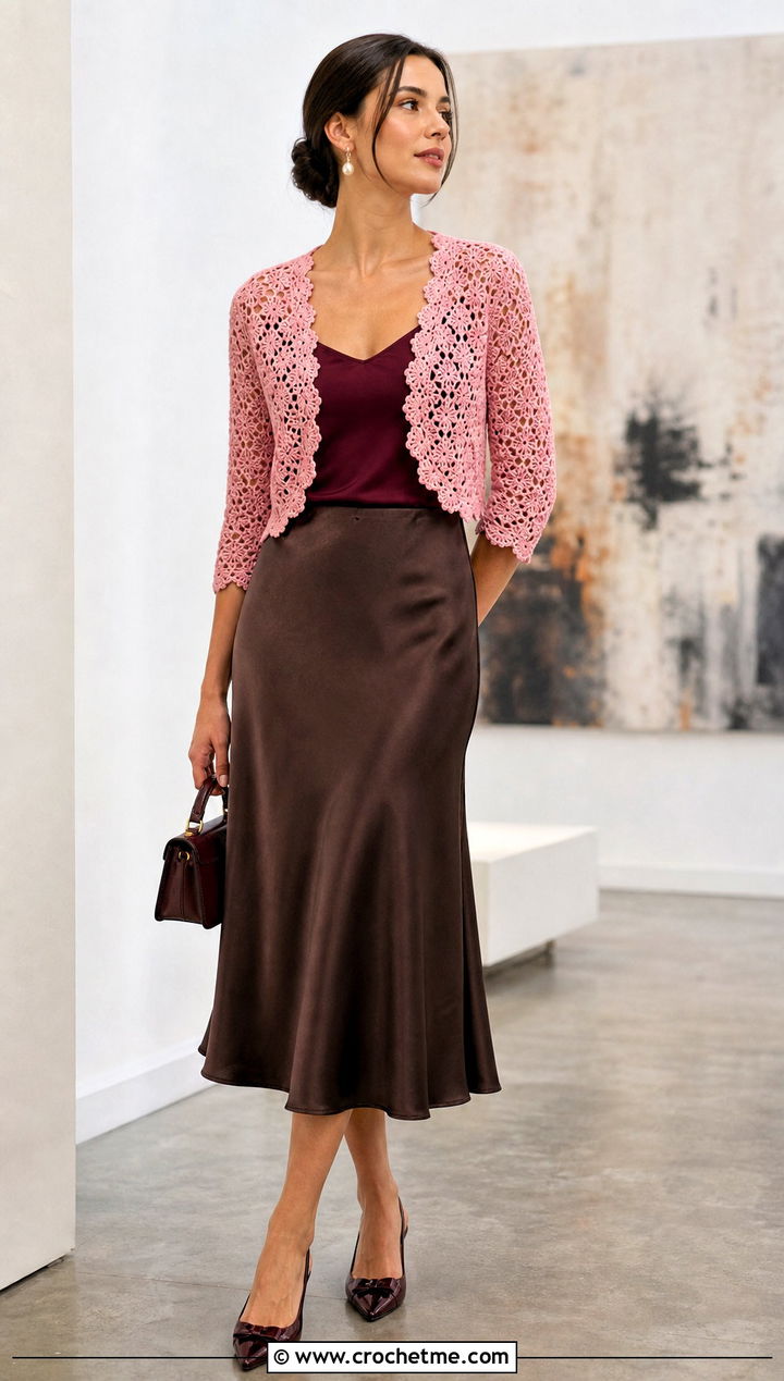 Lace Crochet Bolero Top With Satin Midi Skirt - 20 crochet bolero top outfit ideas