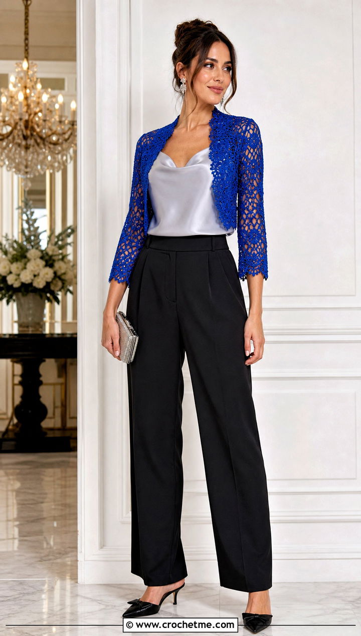 Lace Crochet Bolero With Satin Camisole And Trousers - 30 crochet sweater sleeves outfit ideas