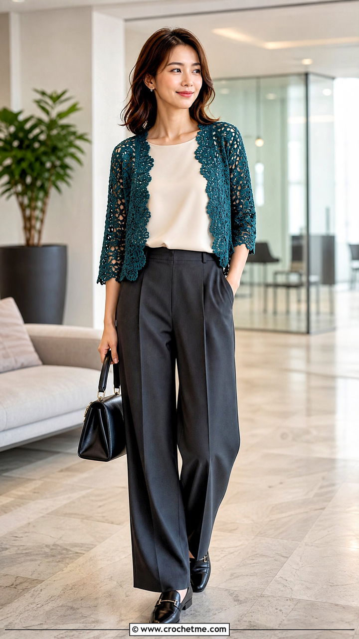 Lace Crochet Bolero With Tailored Trousers - 35 crochet bolero outfit ideas