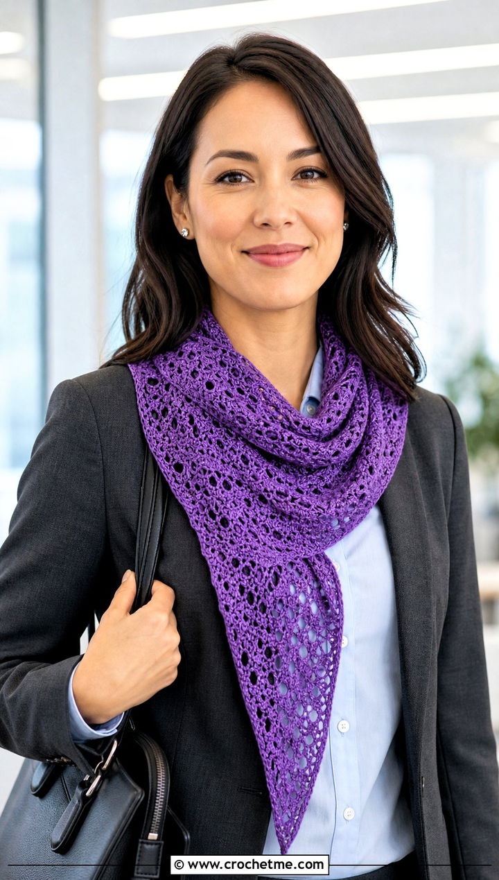 Lace Crochet Boomerang Scarf With Tailored Workwear - 15 Crochet Boomerang Scarf outfit ideas