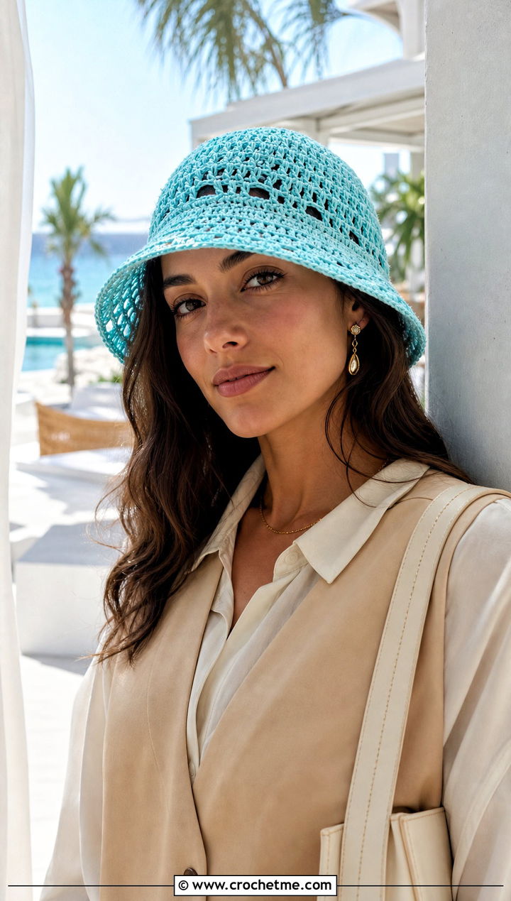 Lace Crochet Bucket Hat With Blouse And Tailored Shorts - 30 easy crochet bucket hat outfit ideas