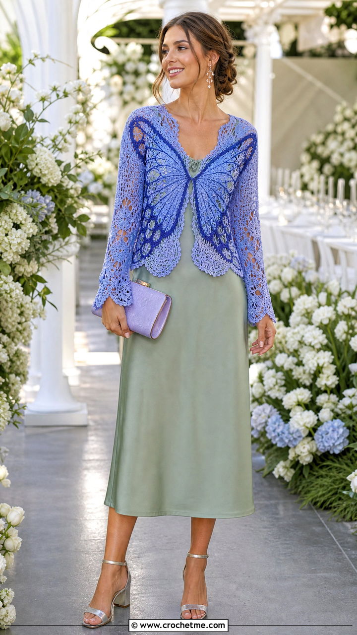 Lace Crochet Butterfly Cardigan With Wedding Guest Dress - 35 crochet butterfly cardigan outfit ideas