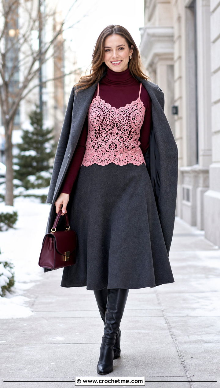 Lace Crochet Cami Over A Turtleneck - 25 Crochet Cami outfit ideas