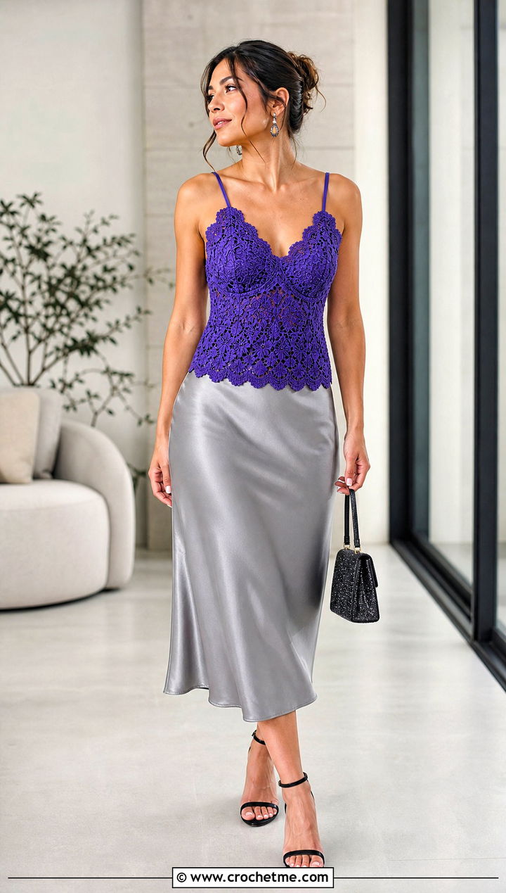 Lace Crochet Camisole With Satin Midi Skirt - 25 vintage crochet top outfit ideas