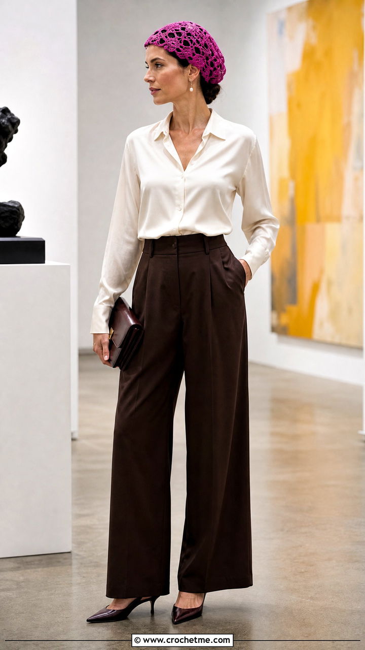 Lace Crochet Cap With Silk Blouse And Trousers - 35 crochet cap outfit ideas