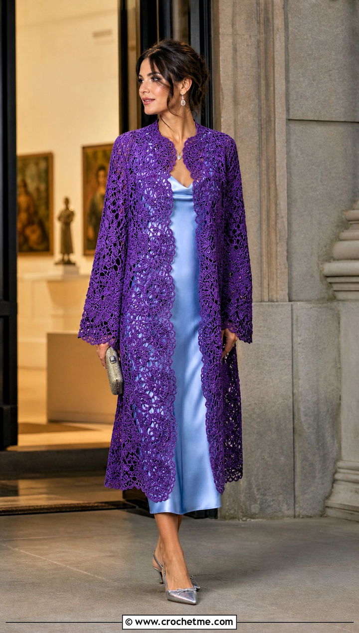 Lace Crochet Cape Coat With Satin Slip Dress - 15 Crochet Cape Coat outfit ideas