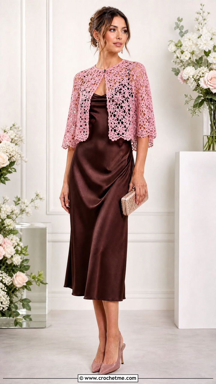 Lace Crochet Capelet With A Satin Slip Dress - 35 crochet cape outfit ideas