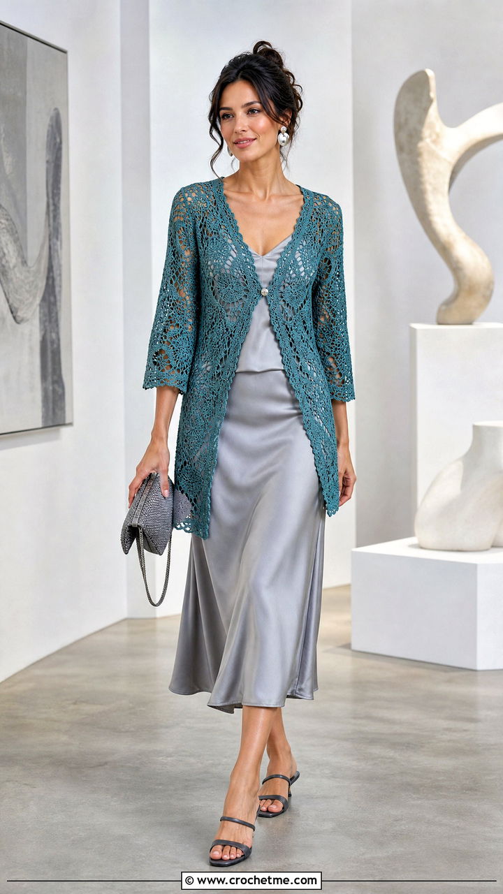 Lace Crochet Cardigan With Satin Midi Skirt - 35 crochet summer cardigan outfit ideas