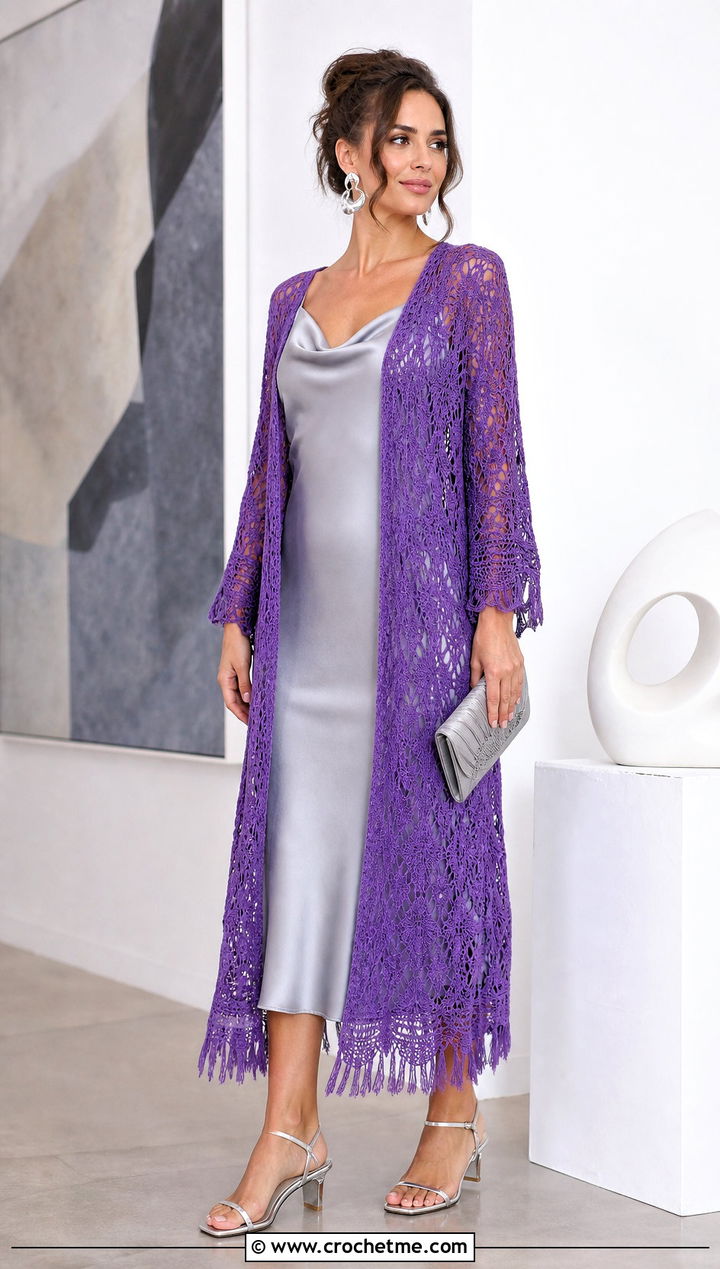 Lace Crochet Cardigan With Satin Slip Dress - 15 long crochet cardigan with fringe outfit ideas