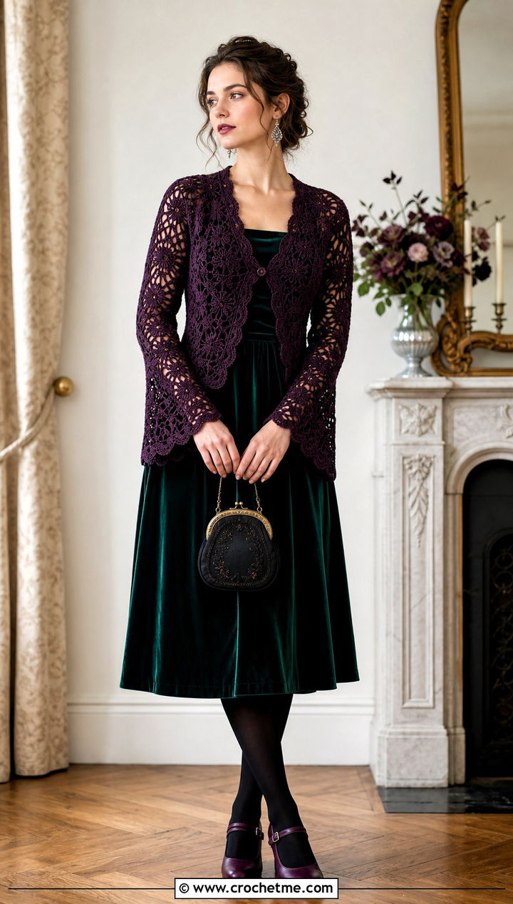 Lace Crochet Cardigan With Velvet Midi Dress - 25 witchy crochet cardigan outfit ideas