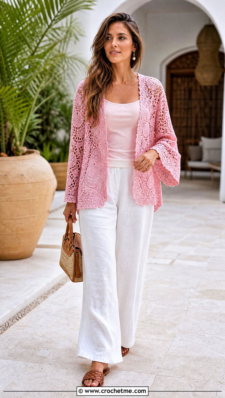 Lace Crochet Cardigan With Wide Leg Linen Pants - 30 crochet for cardigans outfit ideas