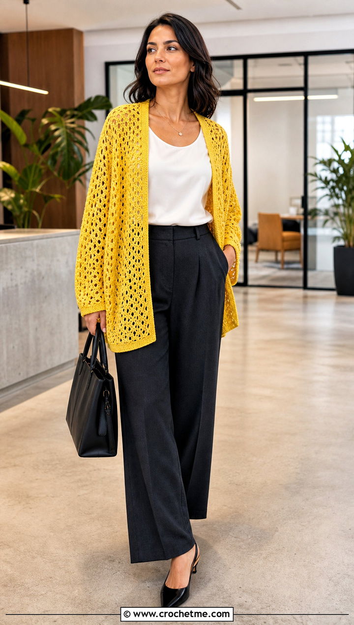 Lace Crochet Cocoon Cardigan With Wide Leg Trousers - 15 Easy Crochet Cocoon Cardigan outfit ideas