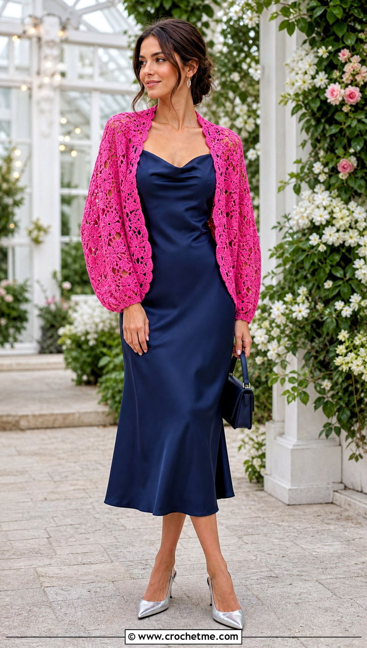Lace Crochet Cocoon Shrug With Satin Slip Dress - 30 crochet cocoon shrug outfit ideas