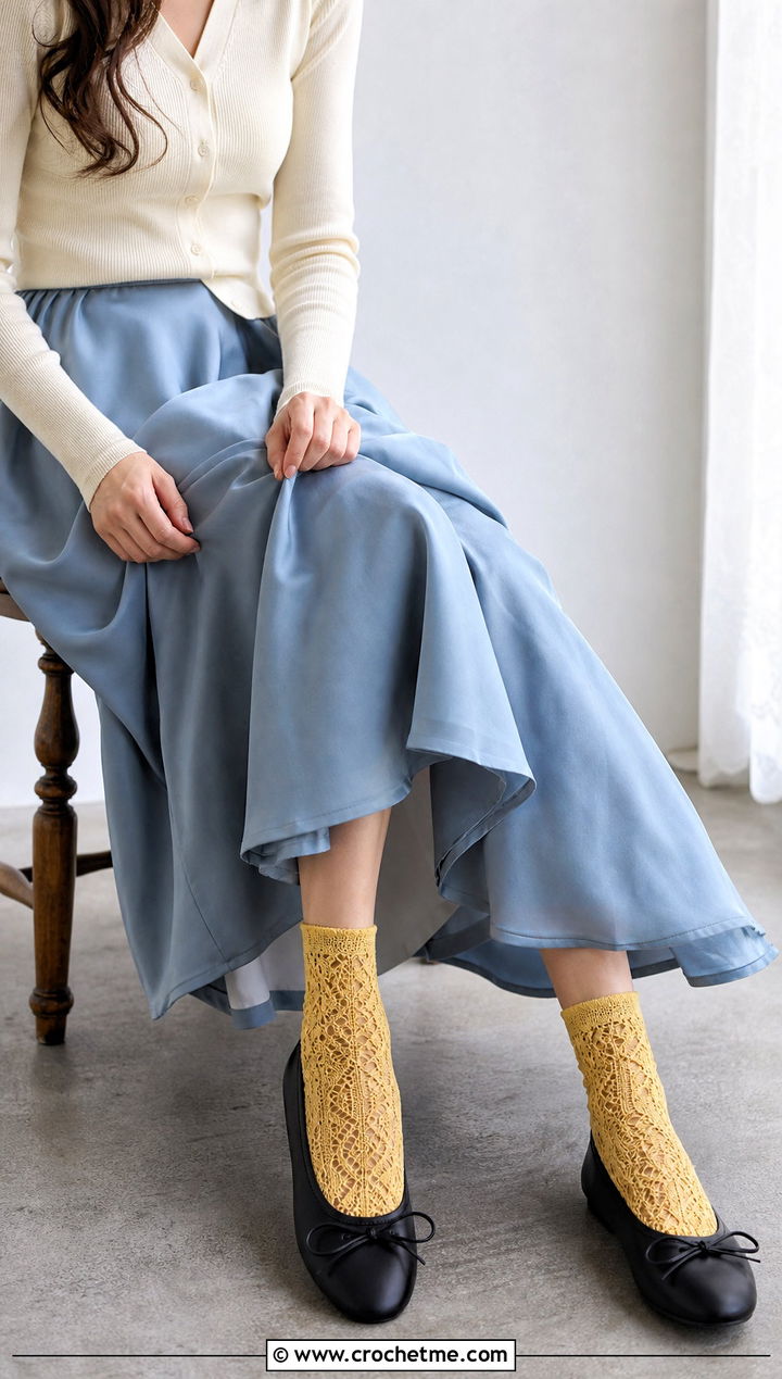 Lace Crochet Crew Socks With Midi Skirt And Ballet Flats - 25 Quick Crochet Socks outfit ideas