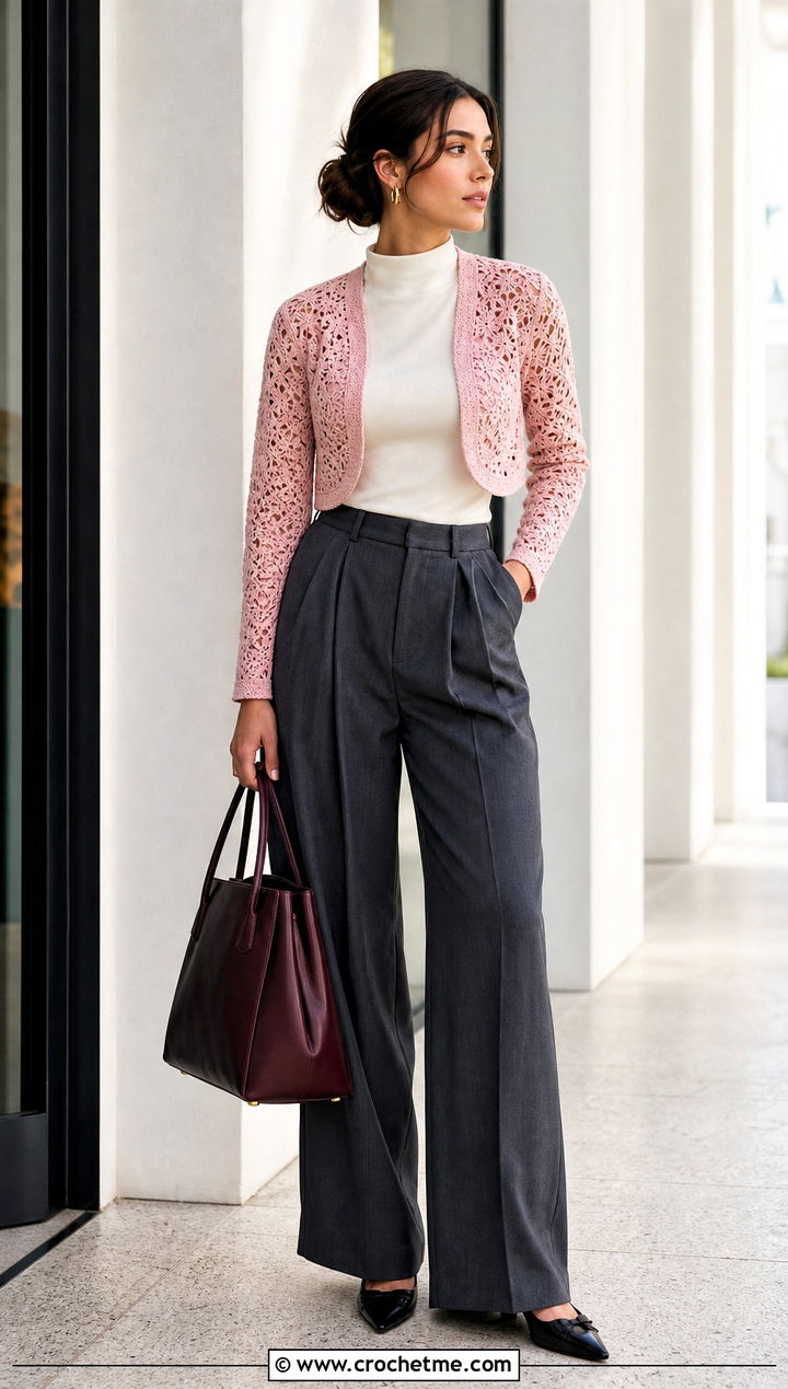 Lace Crochet Crop Shrug With Tailored Trousers - 25 Crochet Crop Shrug outfit ideas