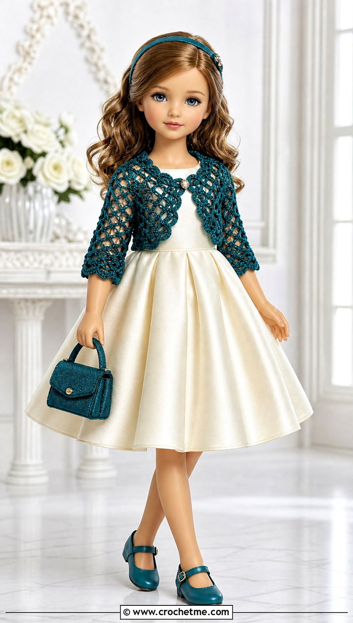 Lace Crochet Doll Bolero With A Party Dress - 30 crochet doll jacket outfit ideas