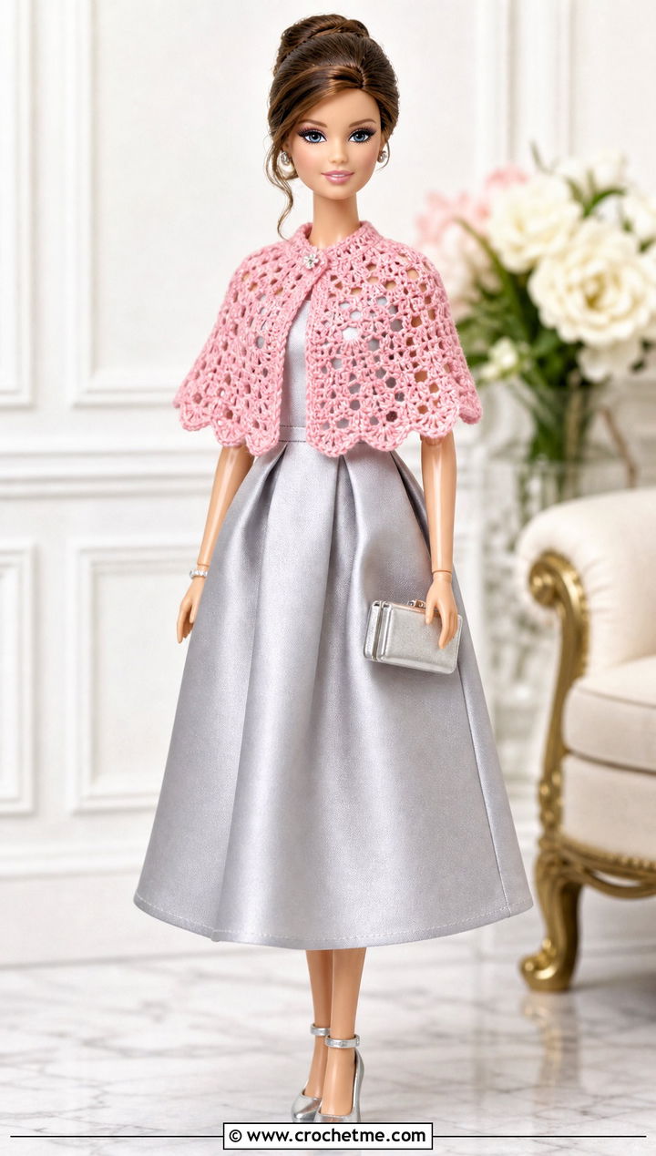 Lace Crochet Doll Capelet With Satin Dress - 25 Crochet Doll Cape outfit ideas