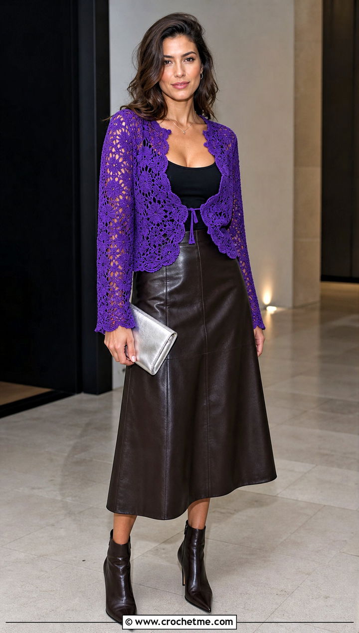 Lace Crochet Doll Cardigan With Leather Midi Skirt - 30 crochet doll cardigan outfit ideas