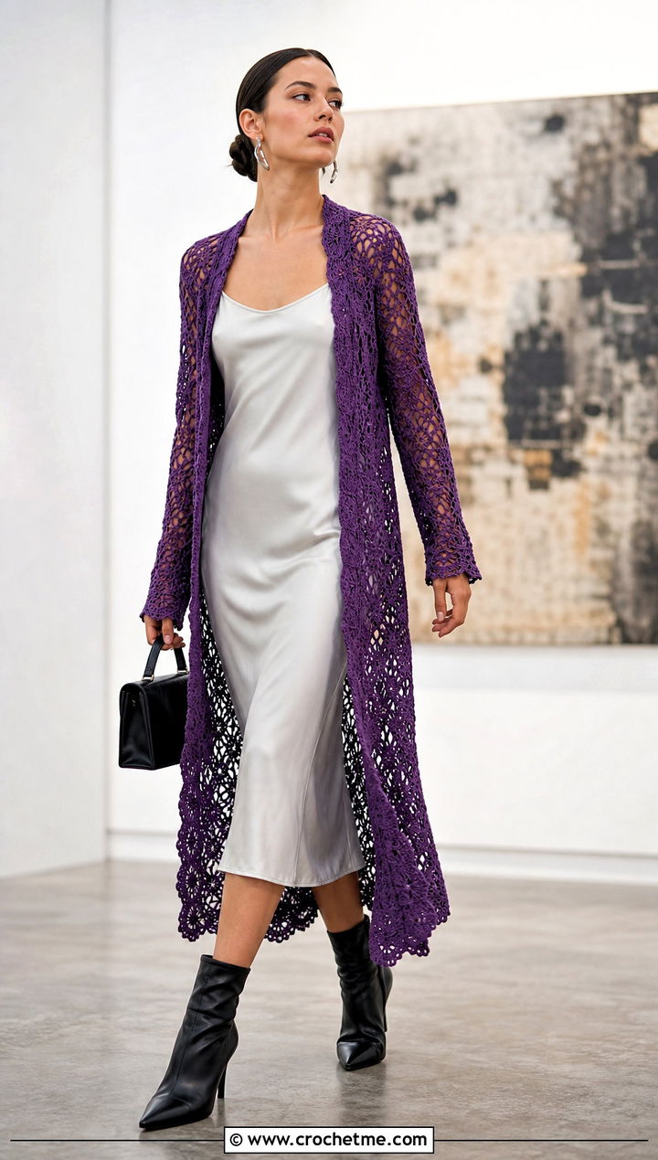 Lace Crochet Duster Coat With A Slip Dress - 15 beginner crochet coat outfit ideas